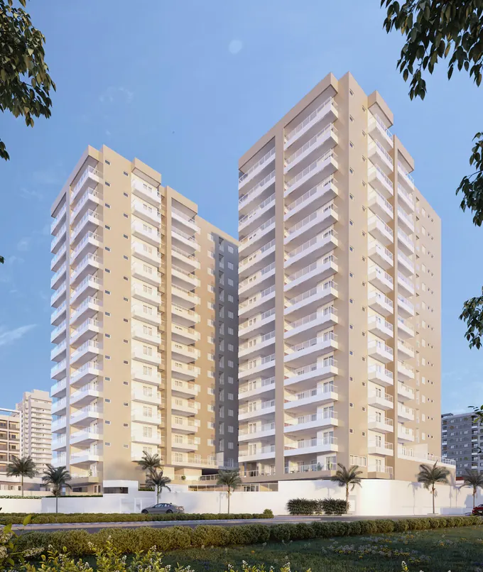 Fachada do Residencial Arcoli 4, lançamento em Vila Mirim, Praia Grande