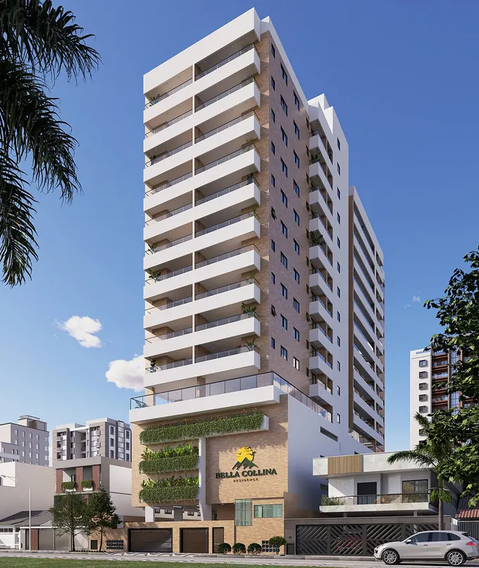 Fachada do Bella Collina Residence, lançamento em Boqueirão, Praia Grande