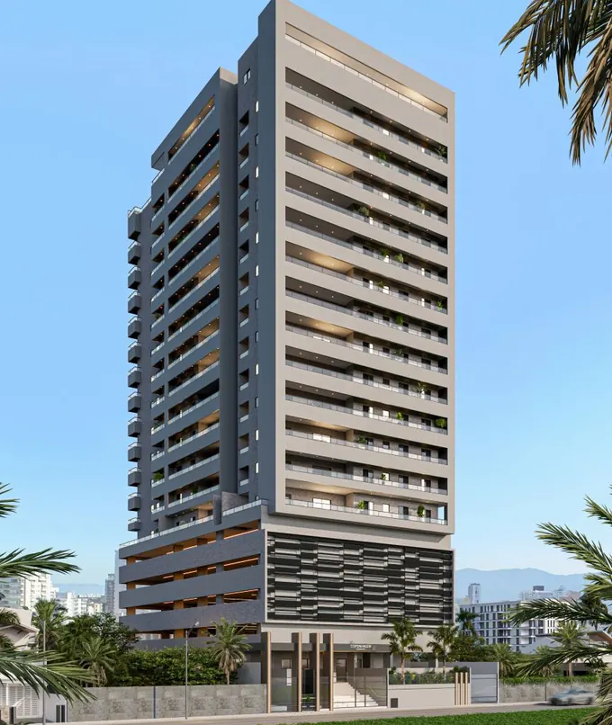 Fachada do Copenhagen Residencial, lançamento em Canto do Forte, Praia Grande