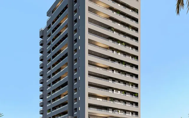 Fachada do Copenhagen Residencial, lançamento em Canto do Forte, Praia Grande
