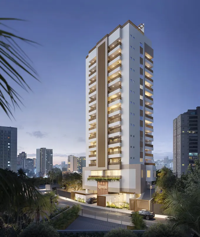 Fachada do Residencial Grená, lançamento em Caiçara, Praia Grande