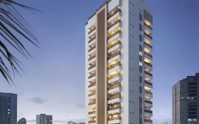 Fachada do Residencial Grená, lançamento em Caiçara, Praia Grande