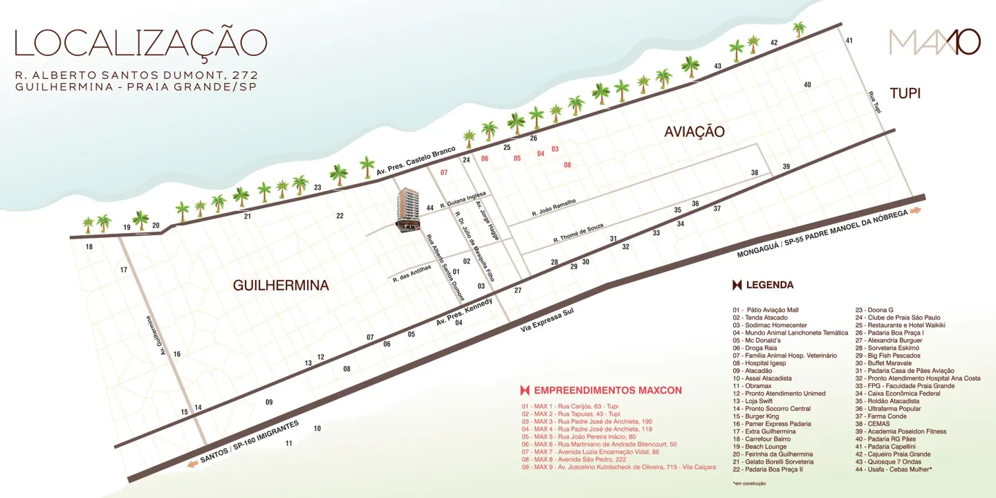 Implantação e localização do Max 10 (Guilhermina, Praia Grande)
