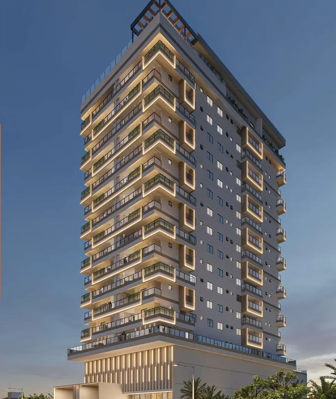 Fachada do Residencial Park Avenue, lançamento em Guilhermina, Praia Grande