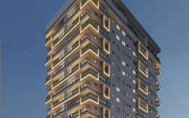 Fachada do Residencial Park Avenue, lançamento em Guilhermina, Praia Grande