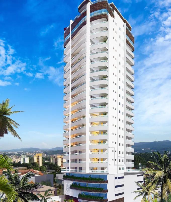 Fachada do Residencial Porto Marina, lançamento em Vila Caiçara, Praia Grande