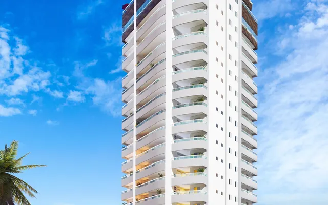 Fachada do Residencial Porto Marina, lançamento em Vila Caiçara, Praia Grande