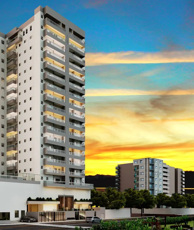Fachada do Rafaela Residencial, lançamento em Guilhermina, Praia Grande