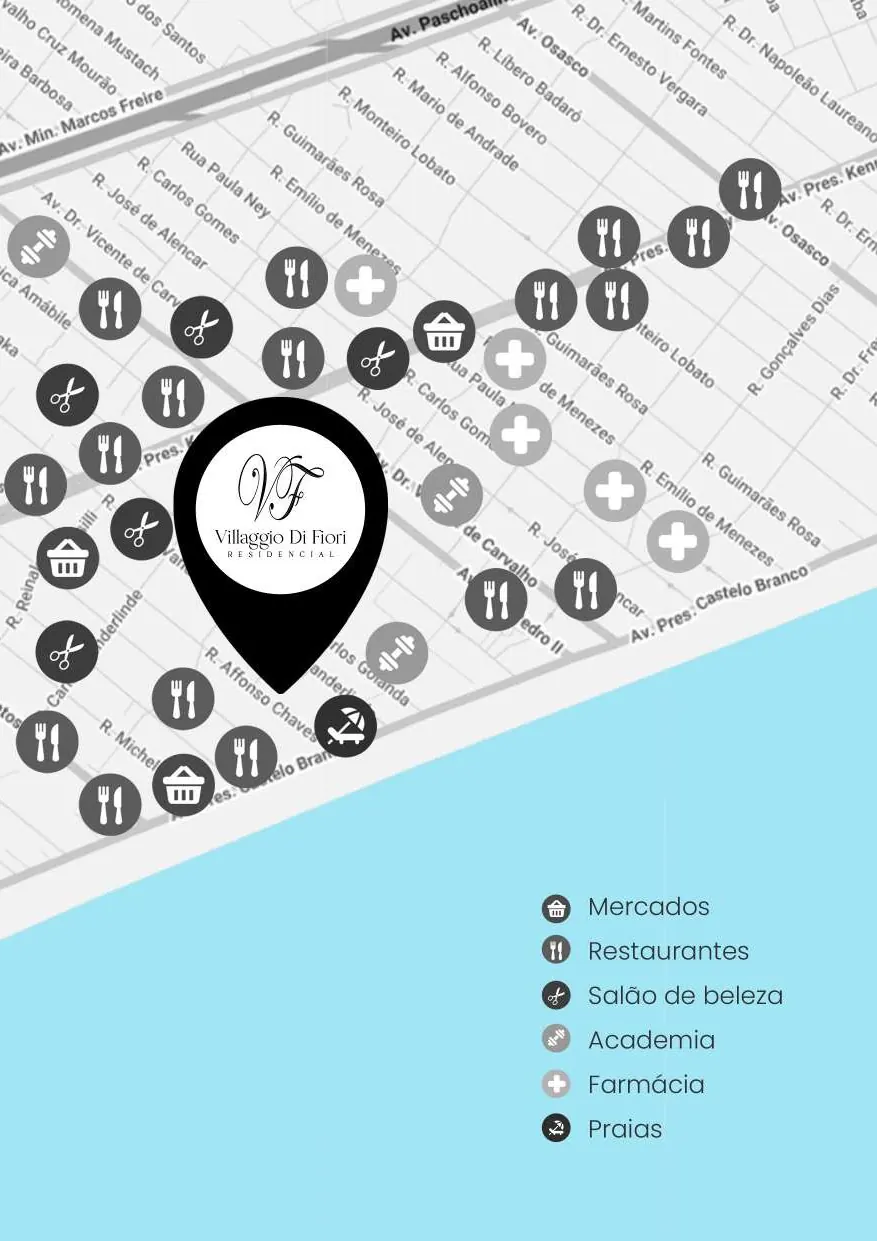 Implantação e localização do Residencial Villaggio Di Fiore (Ocian, Praia Grande)